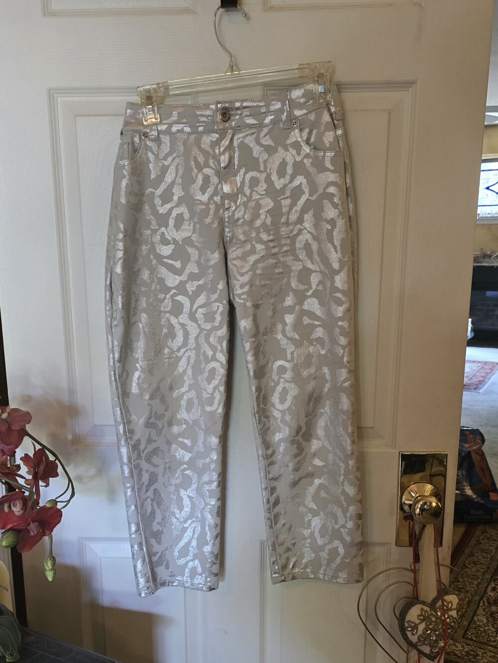Chico's Silver Metallic Animal-Print Cropped Pants